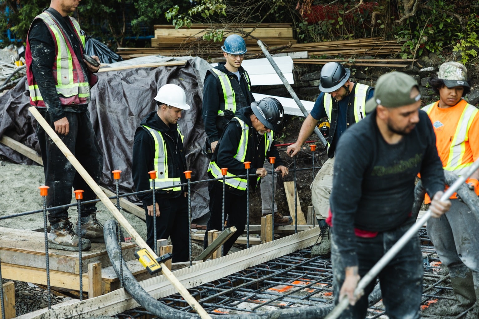 A Shakespeare Homes crew at the rebar mat during a concrete pour in North Vancouver